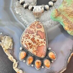 Sterling Southwestern Style Picture Jasper & Spiny Oyster Pendant For Women